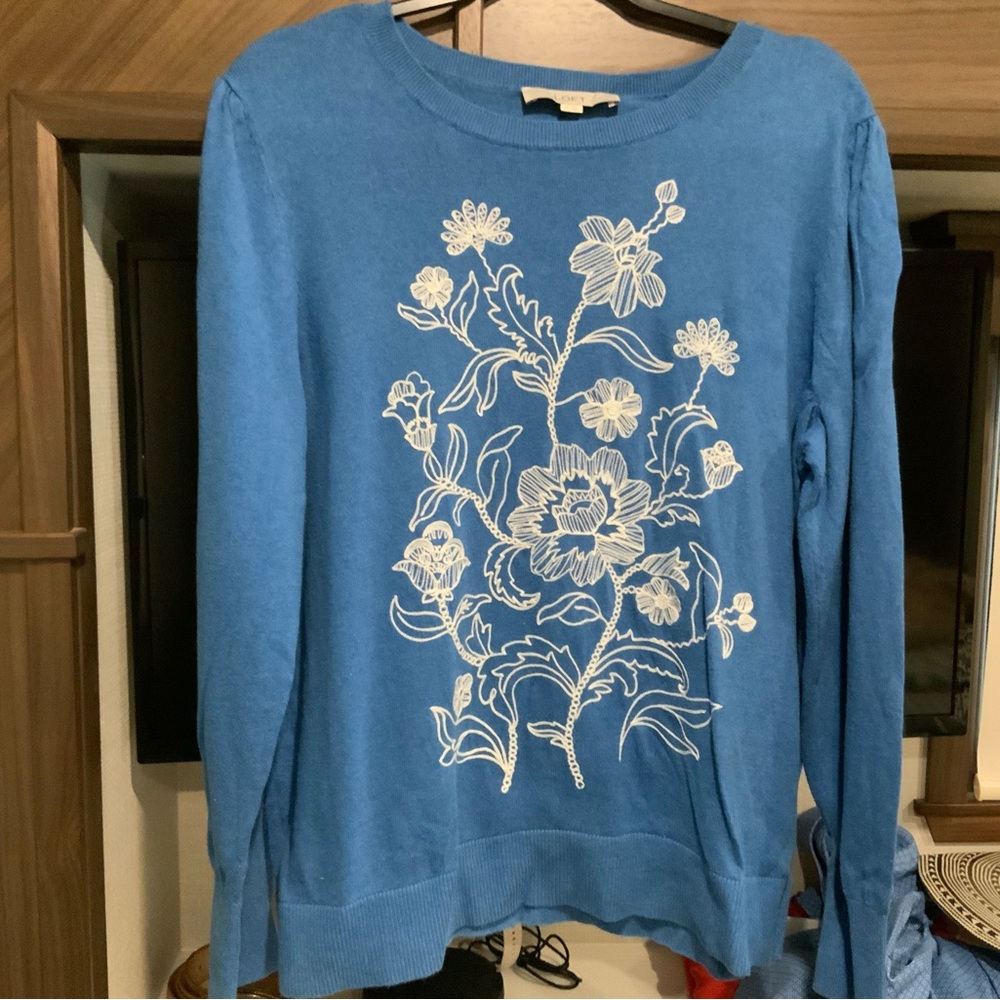 LOFT Blue Knit Top with White Embroidery